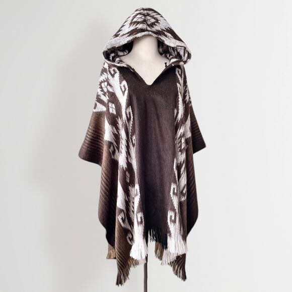 Vintage Alpaca Wool Blend Hooded Poncho Brown White One Size Aztec Boho - Picture 2 of 8
